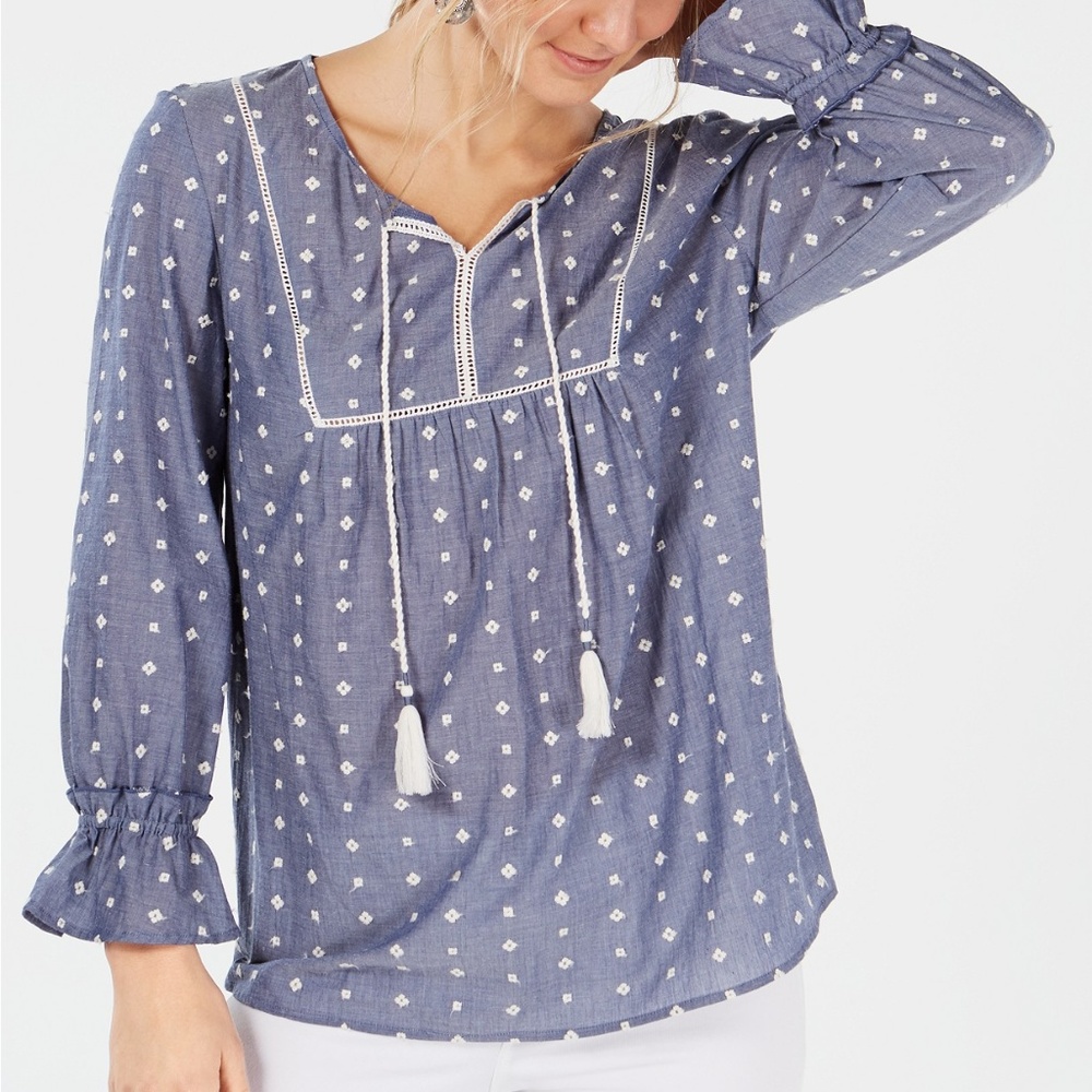 Blue Chambray Peasant top with tassels